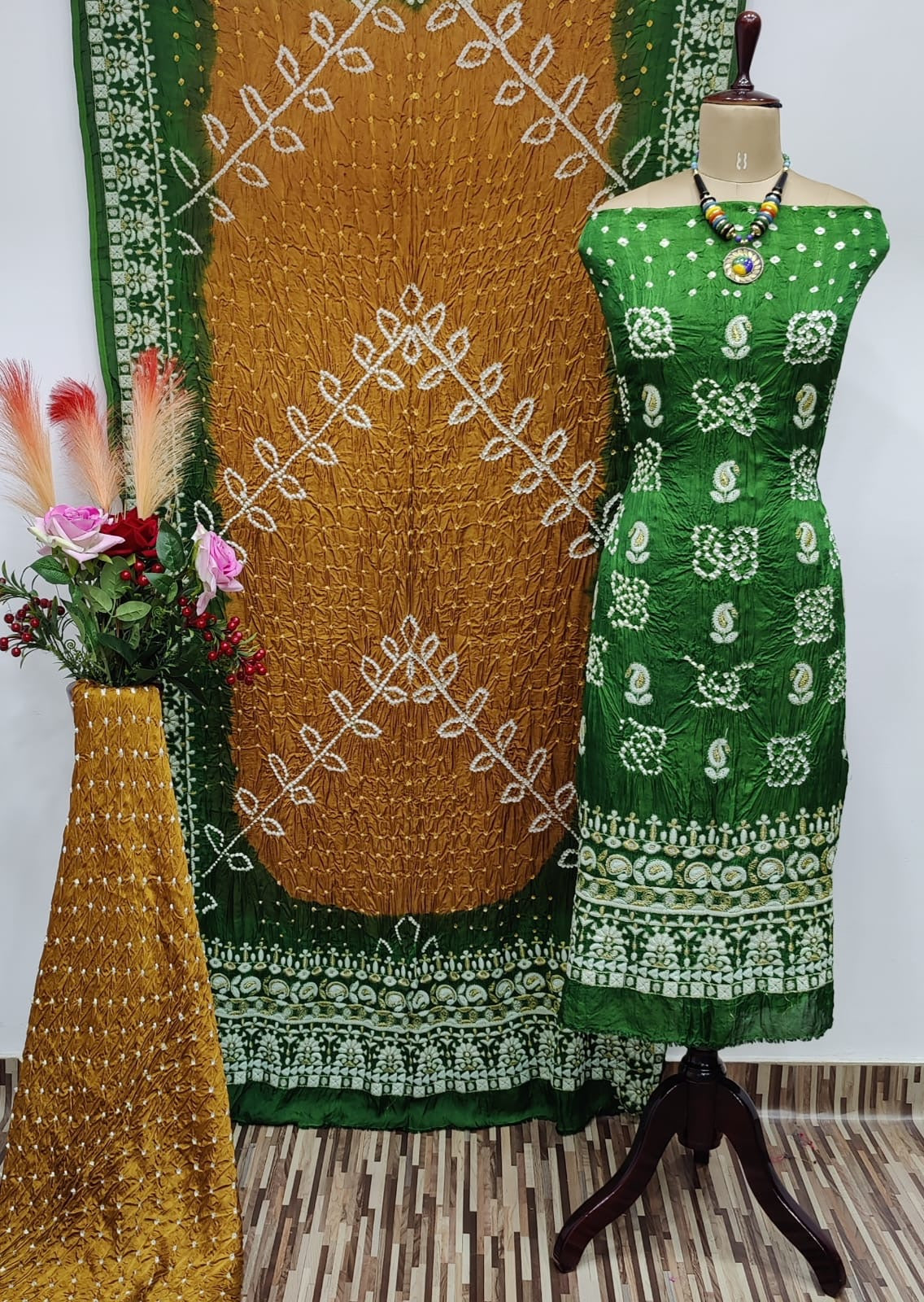 Ghazi Silk Lakhnavi Thread and Bandhani Work Bandhani Dress Material