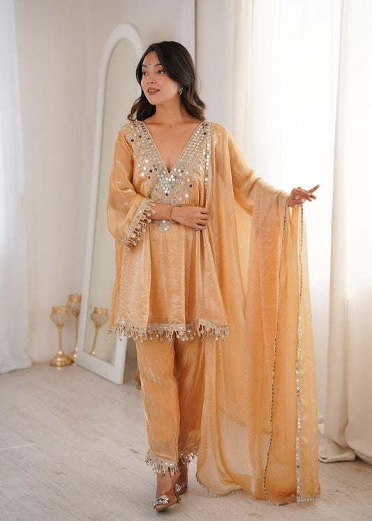 Fendi Silk Mirror Work Designer Kurti Pant Dupatta Set For Eid