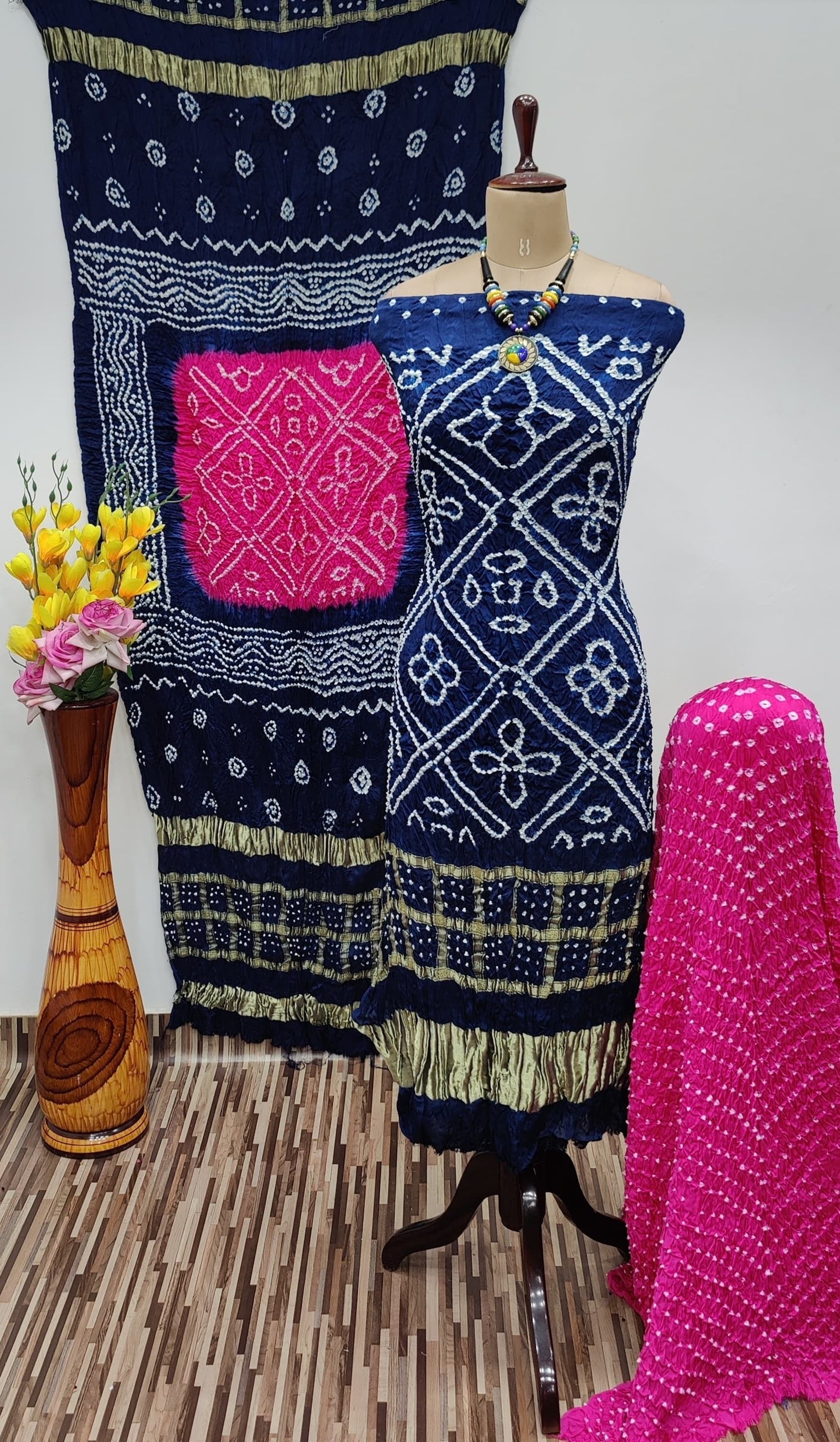 Modal Ghazi Silk Daman Work Barik Bandhej Bandhani Dress Material (Unstitched)