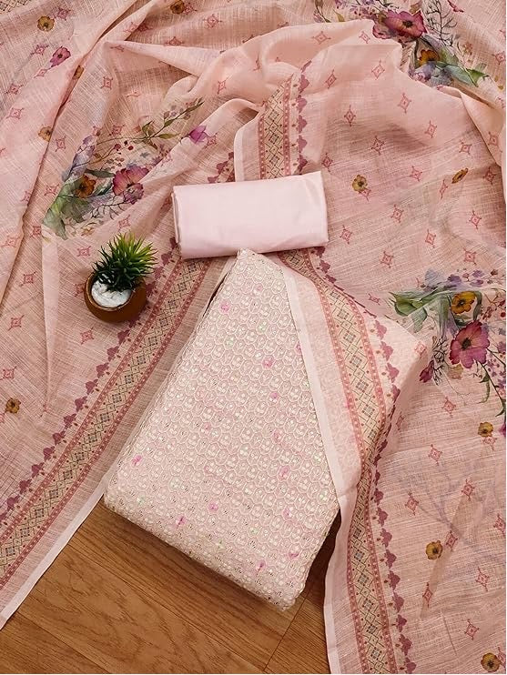 Modal Chanderi with Sequence Lakhnavi work Dress Material
