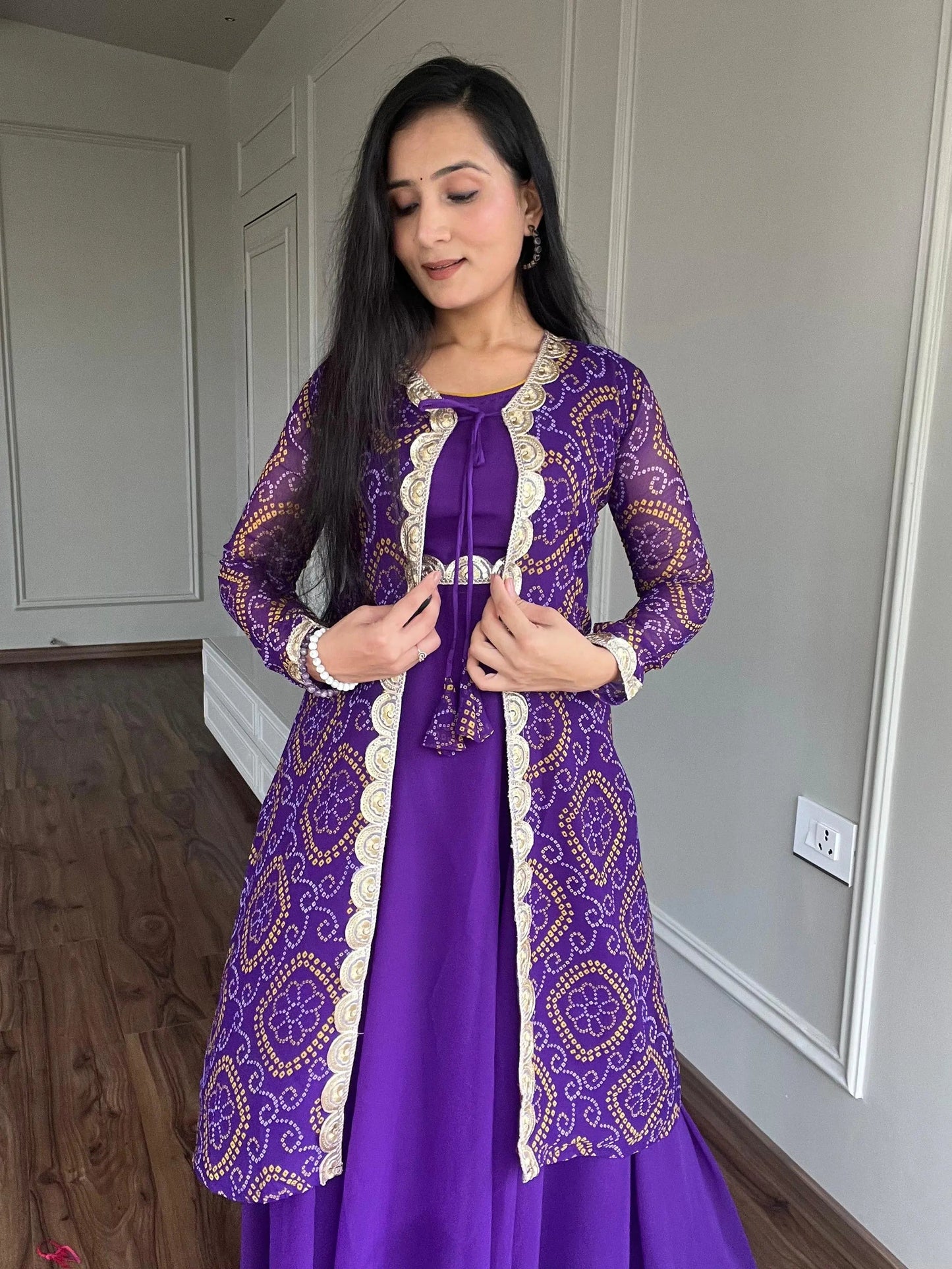 Faux Georgette Bandhani Print Gown Shrug Set