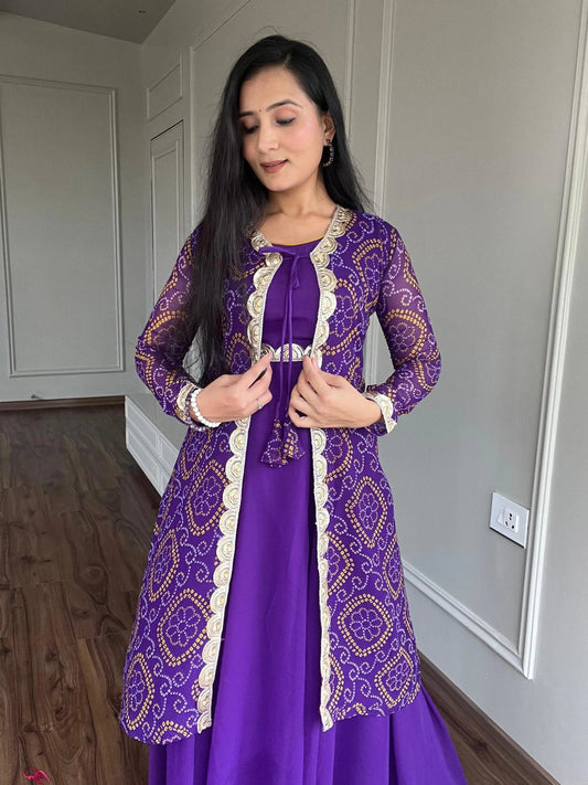 Faux Georgette Bandhani Print Gown Shrug Set