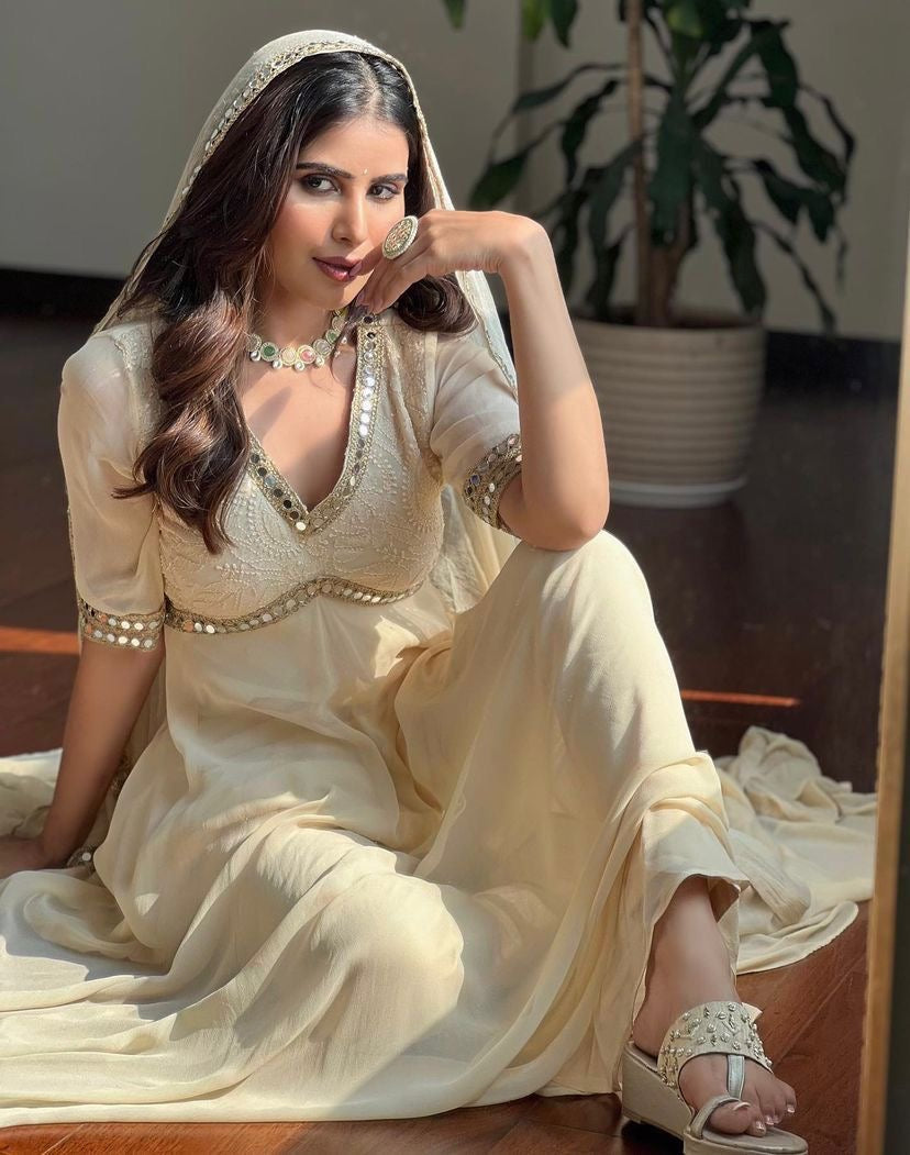 Faux Georgette Chikankari With Mirror Work Designer Anarkali Flair Gown Dupatta Set