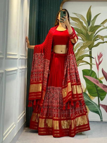 Modal Authentic Hand Blocked Ajrakh work Navratri Special Chaniya Choli