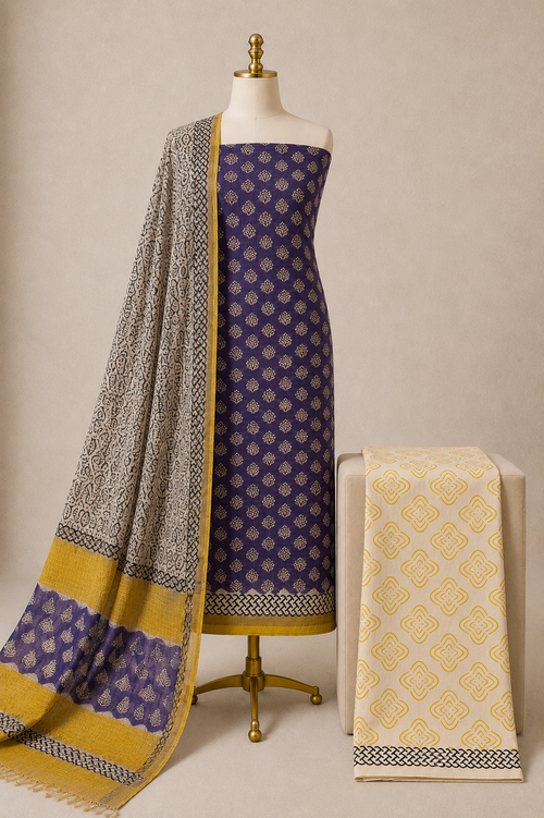 Kota Doria Hand Blocked 3Pc Unstitched Dress Material