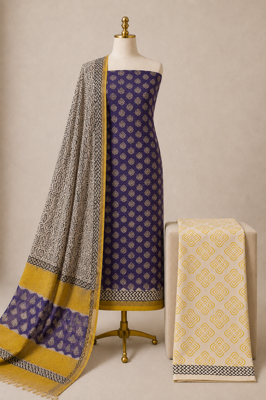 Kota Doria Hand Blocked 3Pc Unstitched Dress Material