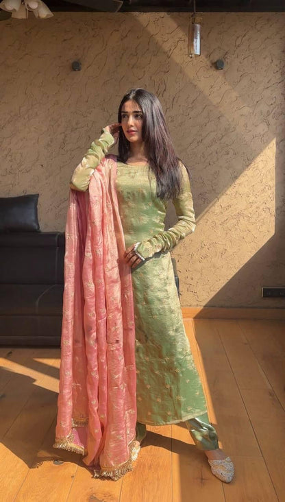 Jimmy Choo Fabric Sequence Embroidery Work Kurti Pant Dupatta Set ( Ready To Wear)