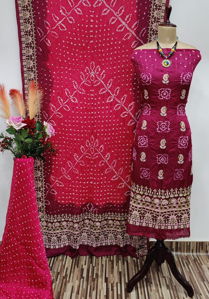 Ghazi Silk Lakhnavi Thread and Bandhani Work Bandhani Dress Material