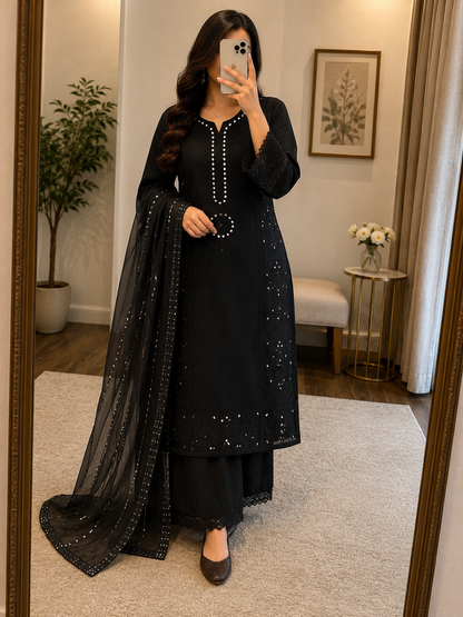 Mal Chanderi Real Mirror Work Designer 3Pc Kurti Pant Dupatta Set (Ready to Wear)