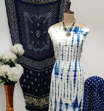 Modal Ghazi Silk White Concept Bandhani Dress Material with Ladgi patta Dupatta