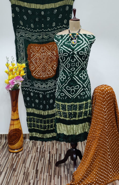 Modal Ghazi Silk Daman Work Barik Bandhej Bandhani Dress Material (Unstitched)