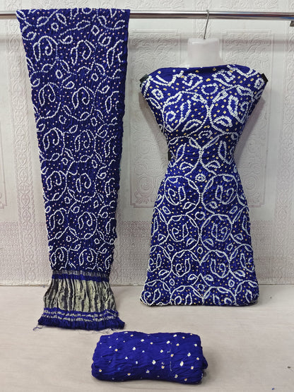 Modal Ghazi Silk barik Bandhej work Kutchi Bandhani Dress Material