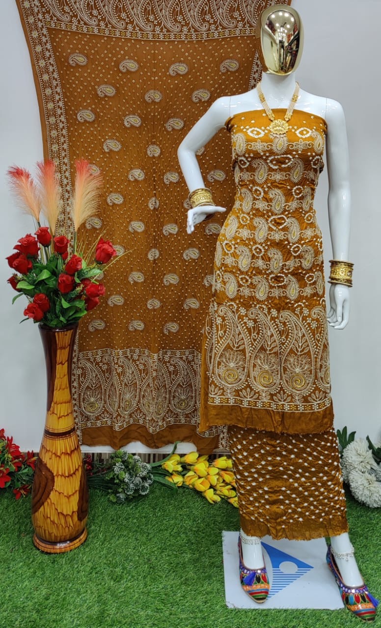Modal Ghazi Silk Lakhnavi work Bandhani Salwar Material