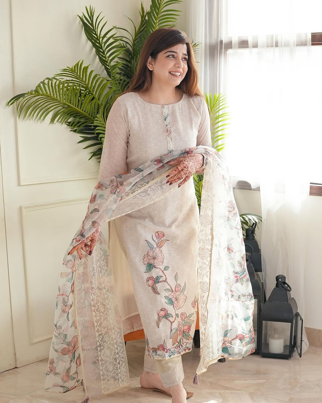Linen Cotton Digital Floral Print work White Summer Wear Kurti Pant Dupatta Set (Stitched)