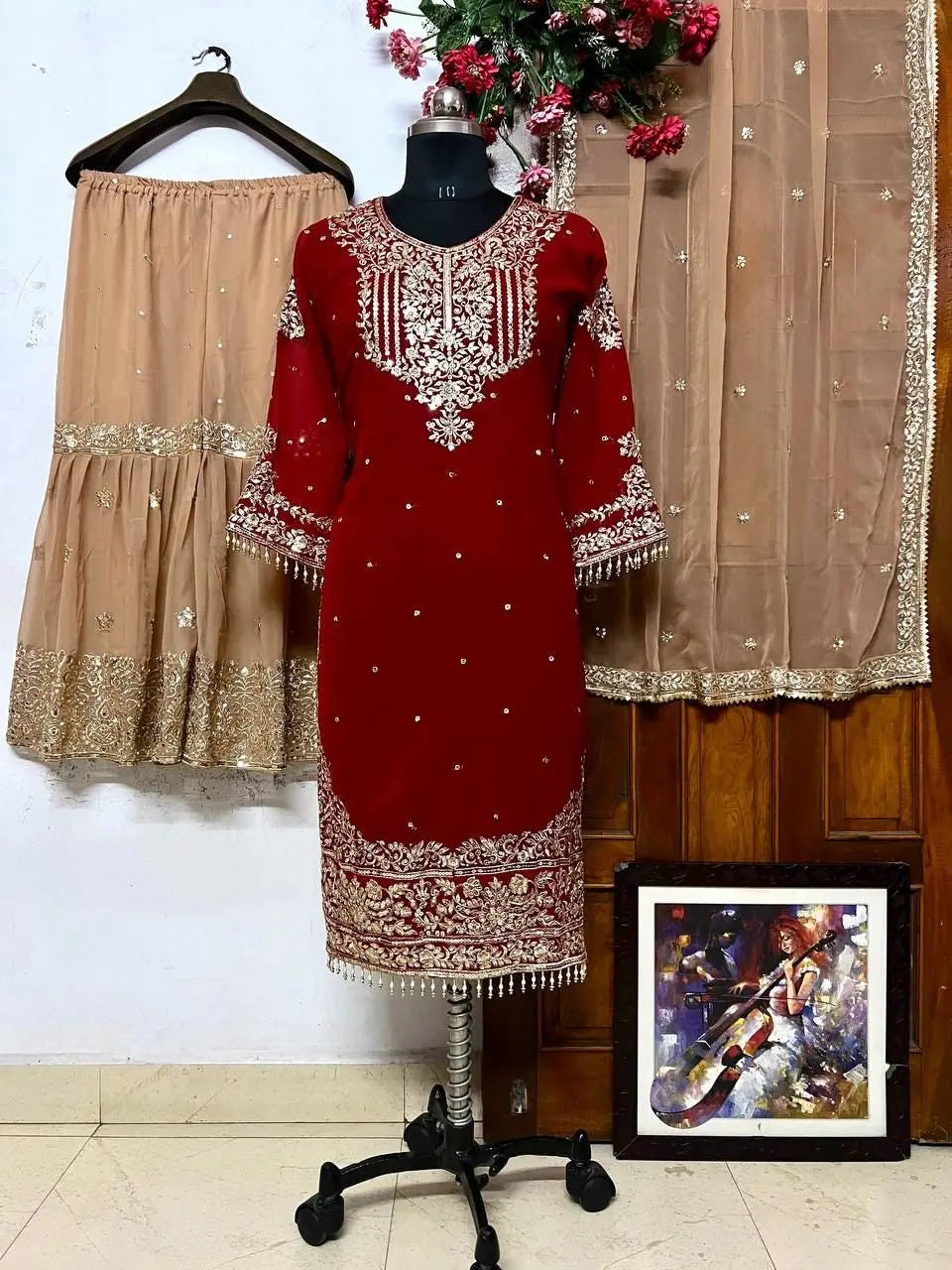 Georgette Sequence work Party Wear Kurti Sharara Dupatta Set