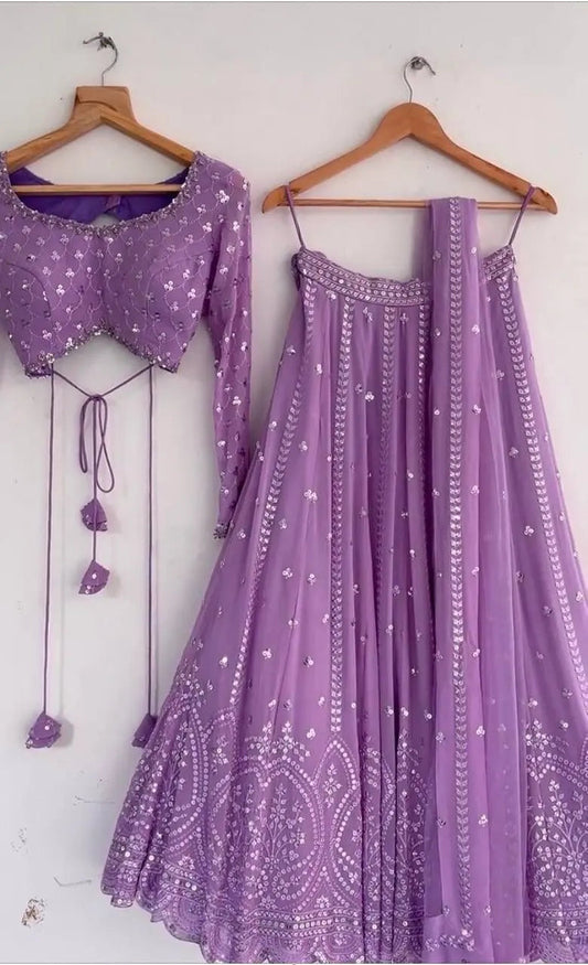 Faux Georgette Sequence Embroidery work Lavender Lehenga Choli Set