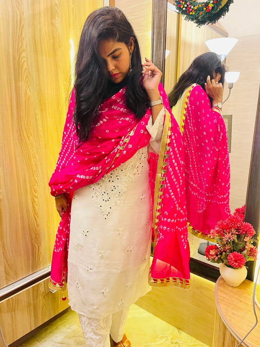 Mirror work Chikankari Kurti with Bandhani Dupatta Pant Set