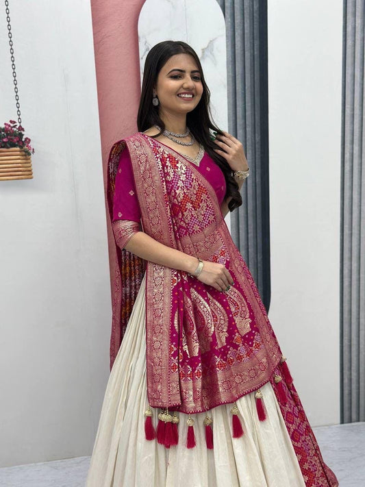 Jeckard Silk Moti Work Lace Lehenga Choli Dupatta Set