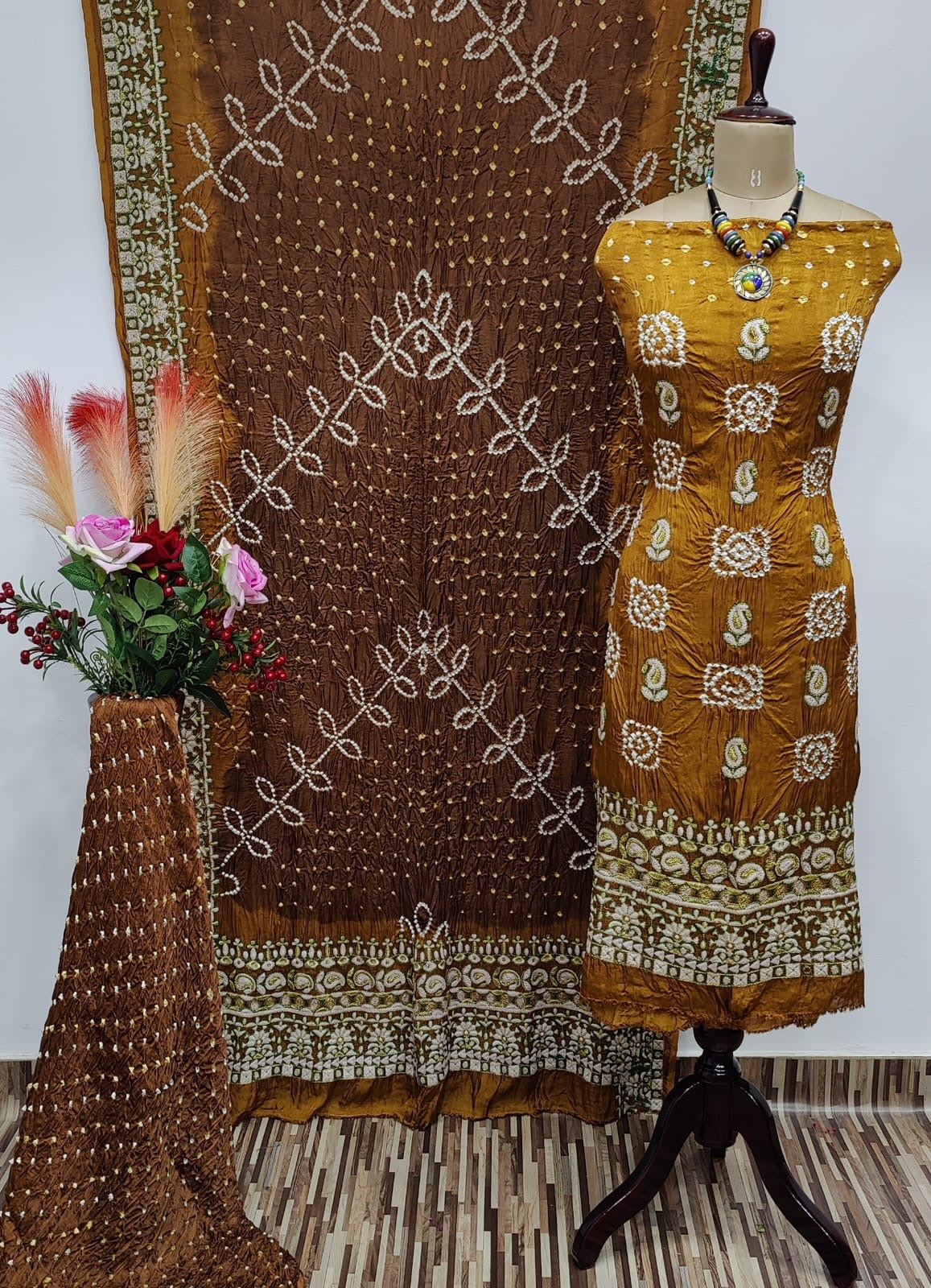 Ghazi Silk Lakhnavi Thread and Bandhani Work Bandhani Dress Material