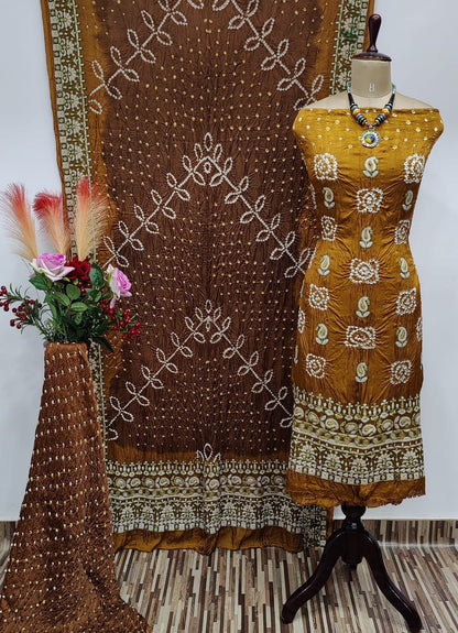 Ghazi Silk Lakhnavi Thread and Bandhani Work Bandhani Dress Material