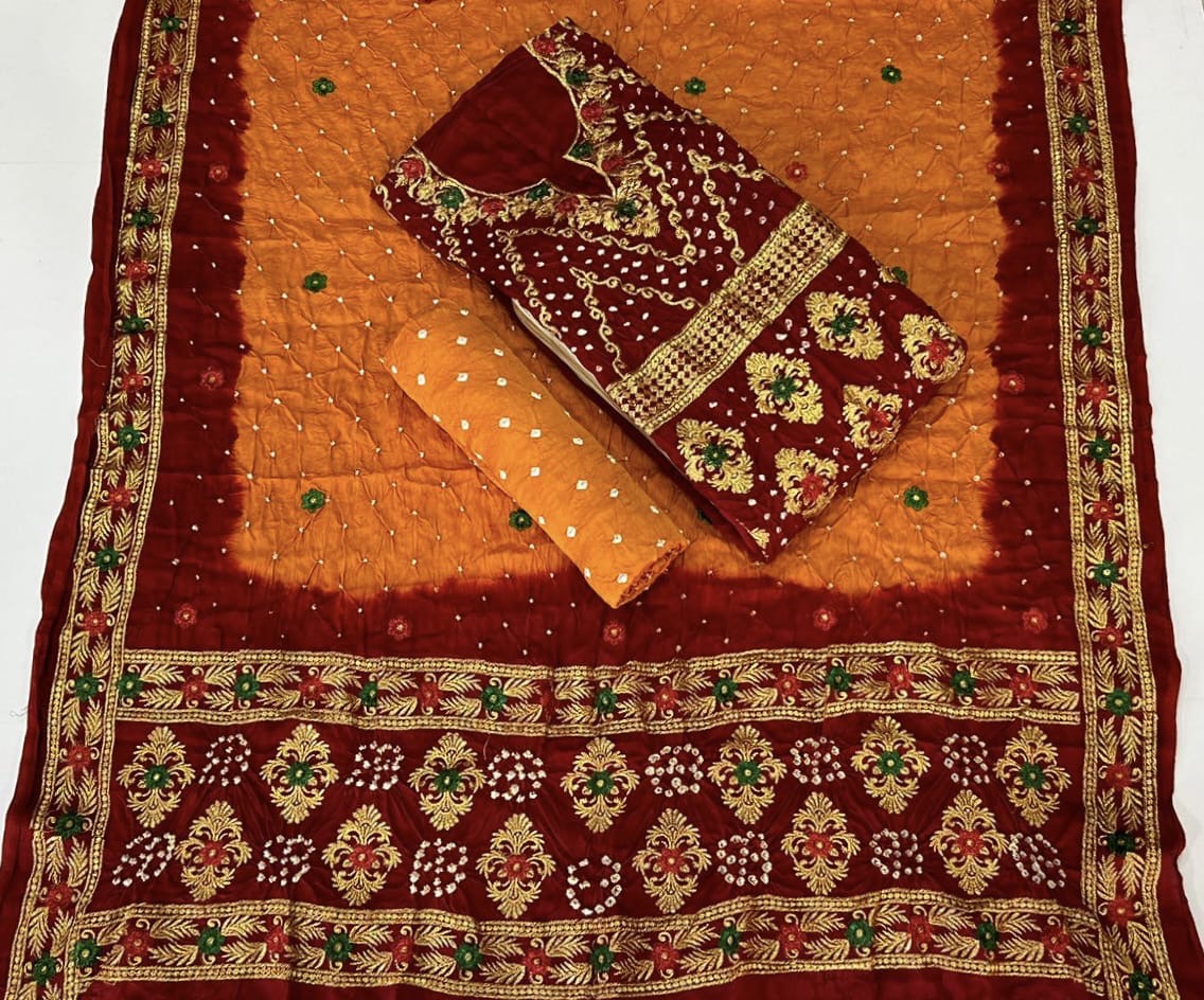 Modal Gazi Silk Kasab work Bandhani Dress Material