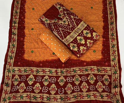 Modal Gazi Silk Kasab work Bandhani Dress Material