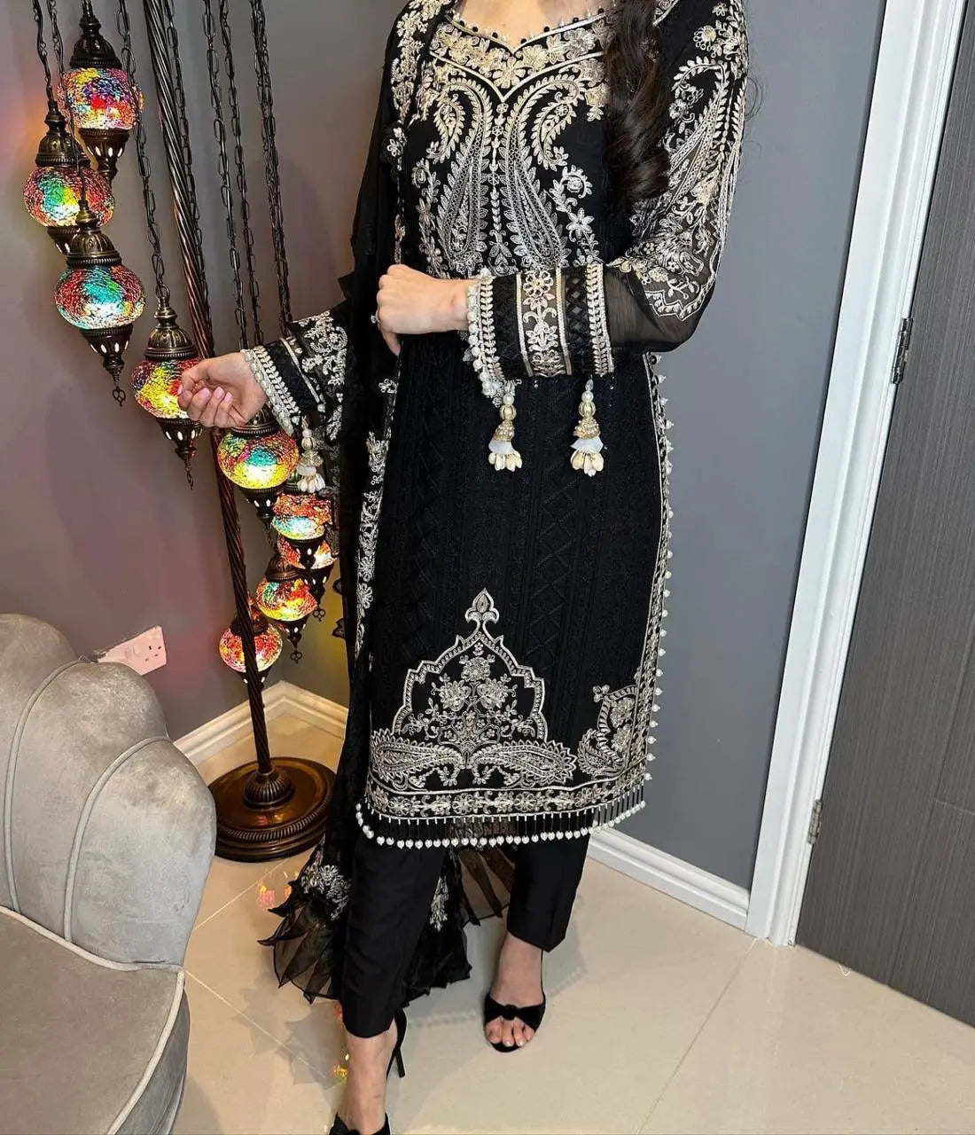 Georgette Zari Embroidery work Long Kurti Palazzo Dupatta Set
