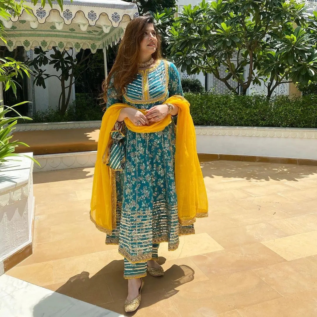 Gotta Work Flair Anarkali Kurti Pant Dupatta Set (Stitched)