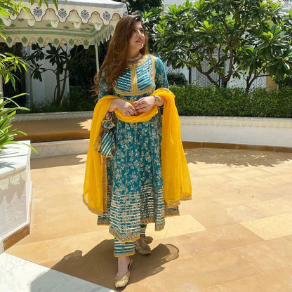 Gotta Work Flair Anarkali Kurti Pant Dupatta Set (Stitched)