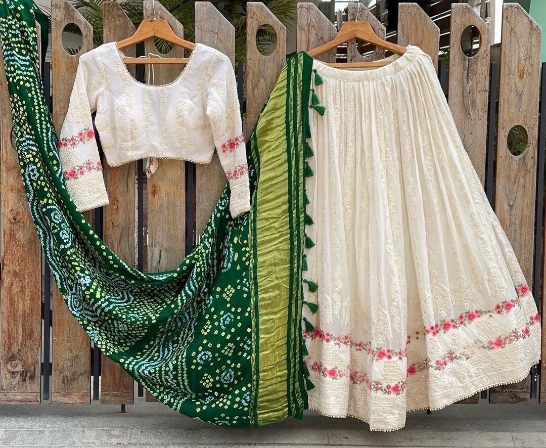 Gerogette Thread Embroidery work Designer Lehenga Choli Set ( Stitched)