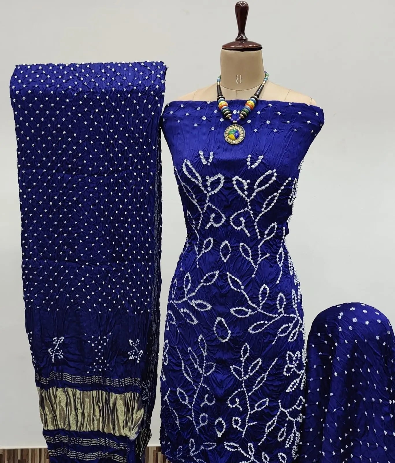 Heavy Modal Ghazi Silk Barik Bandhej work Bandhani Dress Material (Unstitched)