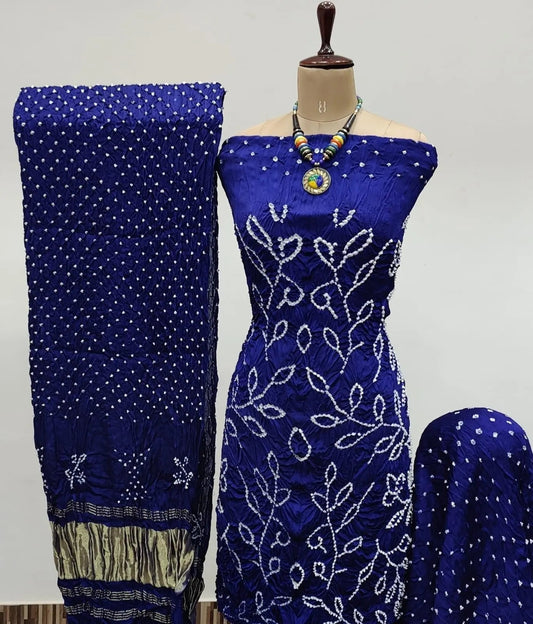 Heavy Modal Ghazi Silk Barik Bandhej work Bandhani Dress Material (Unstitched)