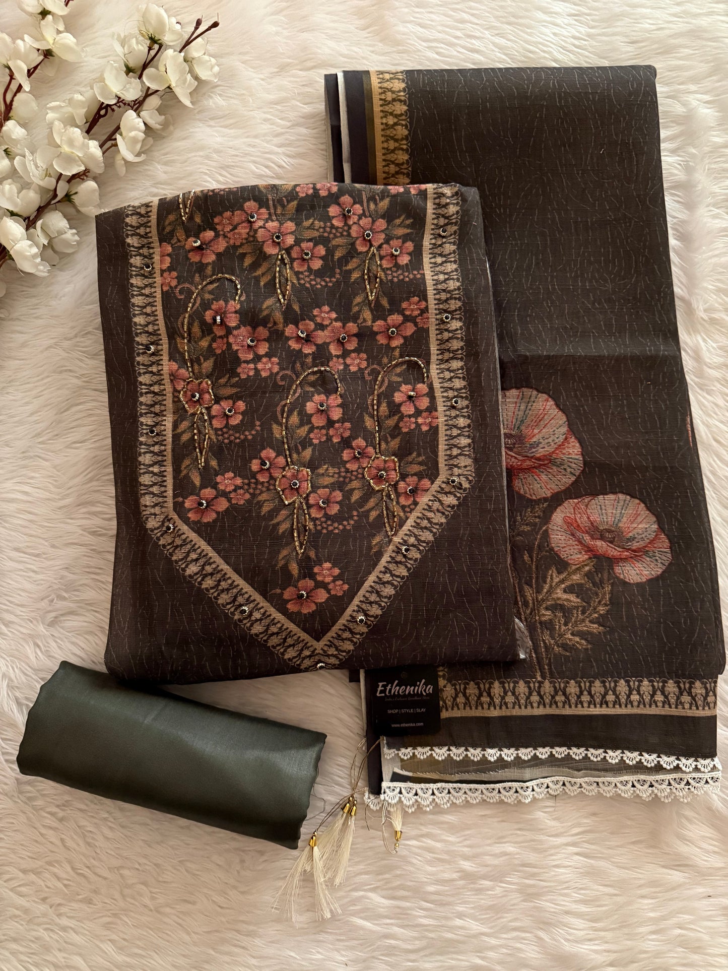 Handloom Cotton Digital Print With Stone Work Dress Material