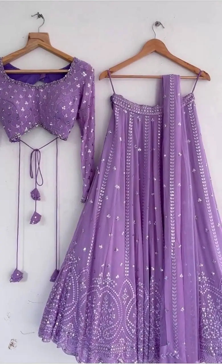 Faux Georgette Sequence Embroidery work Lavender Lehenga Choli Set