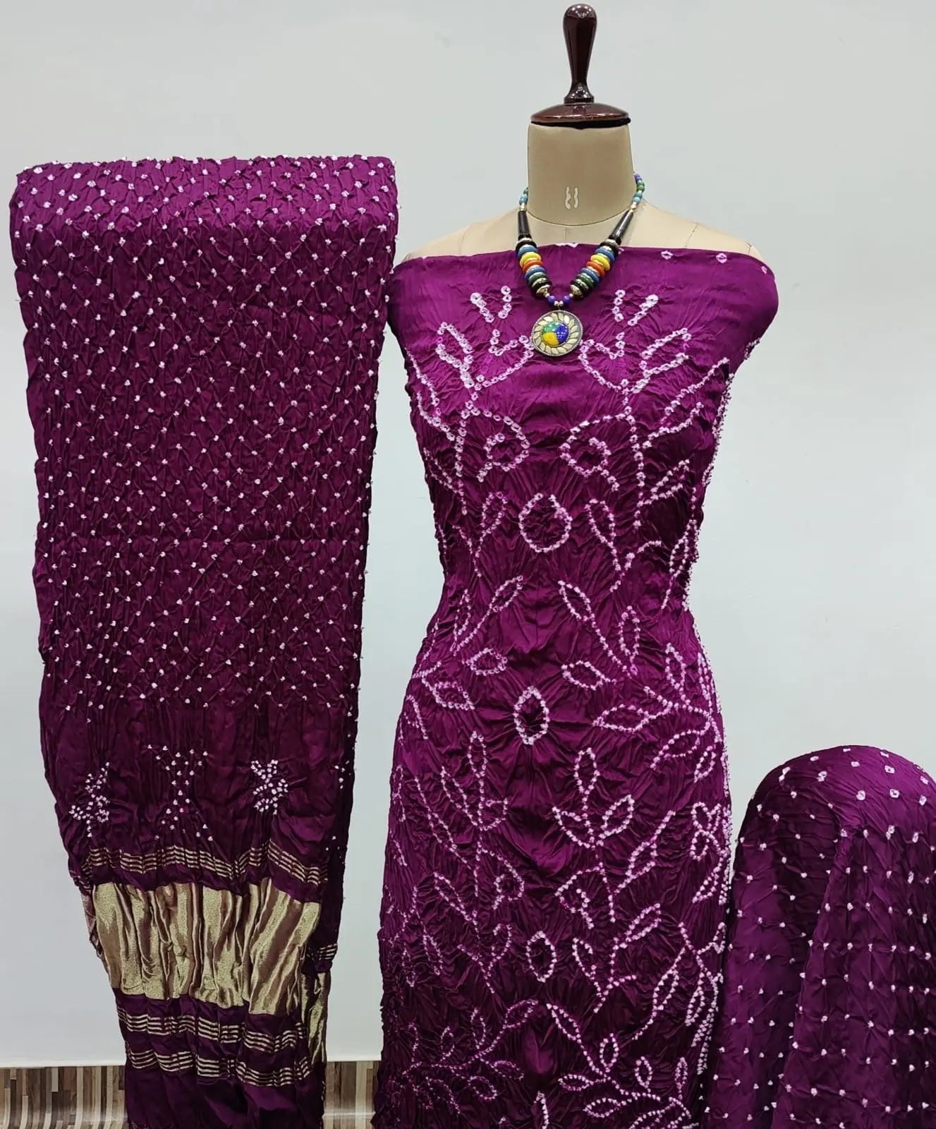 Heavy Modal Ghazi Silk Barik Bandhej work Bandhani Dress Material (Unstitched)