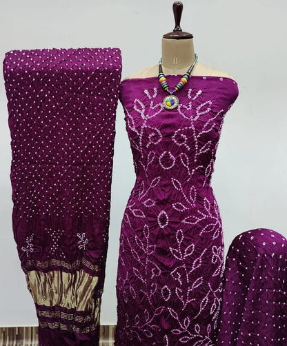 Heavy Modal Ghazi Silk Barik Bandhej work Bandhani Dress Material (Unstitched)