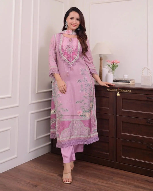 Lilac Muslin Floral Digital Printed Pakistani Kurti Pant Dupatta Set