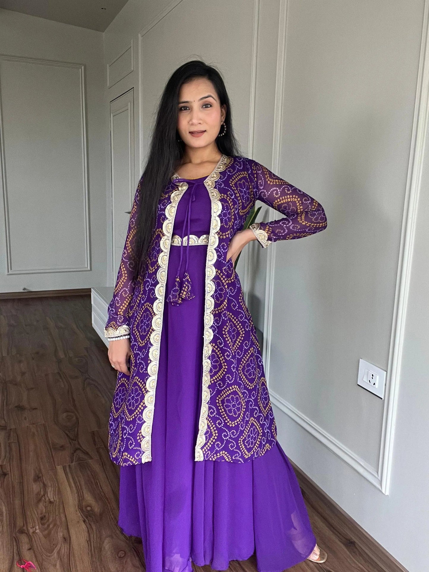 Faux Georgette Bandhani Print Gown Shrug Set