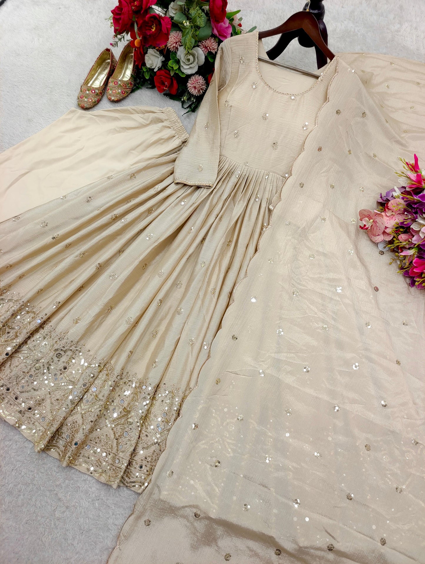 Chinon Silk Sequence Embroidery Work Designer Gown Pant Dupatta Set