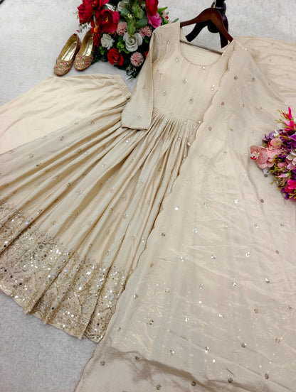 Chinon Silk Sequence Embroidery Work Designer Gown Pant Dupatta Set
