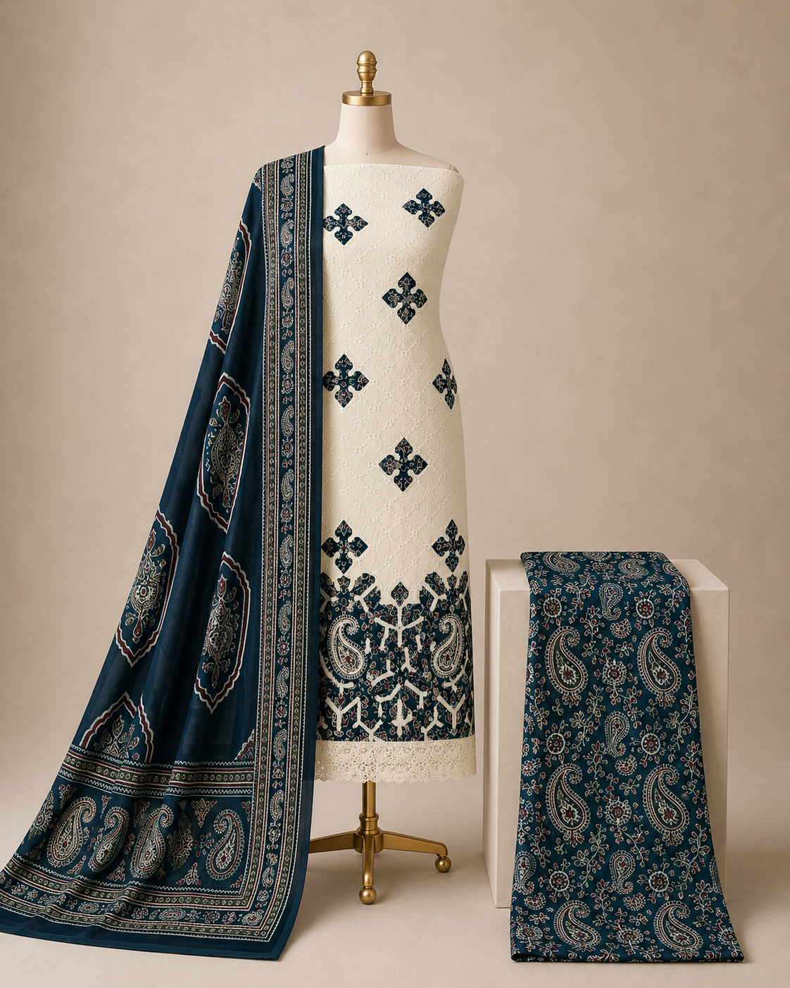 Hakoba Chikanwork with Ajrakh Block Print Summer 3Pc Cotton Dress Material