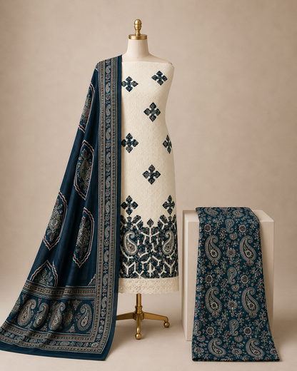 Hakoba Chikanwork with Ajrakh Block Print Summer 3Pc Cotton Dress Material