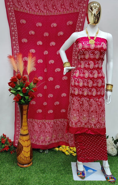 Modal Ghazi Silk Lakhnavi work Bandhani Salwar Material