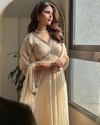 Faux Georgette Chikankari With Mirror Work Designer Anarkali Flair Gown Dupatta Set