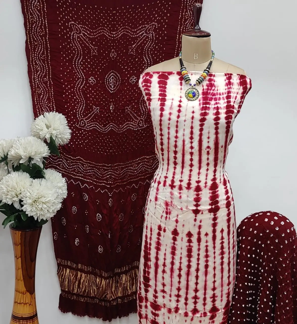 Modal Ghazi Silk White Concept Bandhani Dress Material with Ladgi patta Dupatta