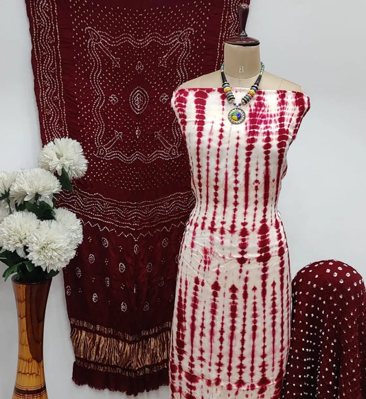 Modal Ghazi Silk White Concept Bandhani Dress Material with Ladgi patta Dupatta