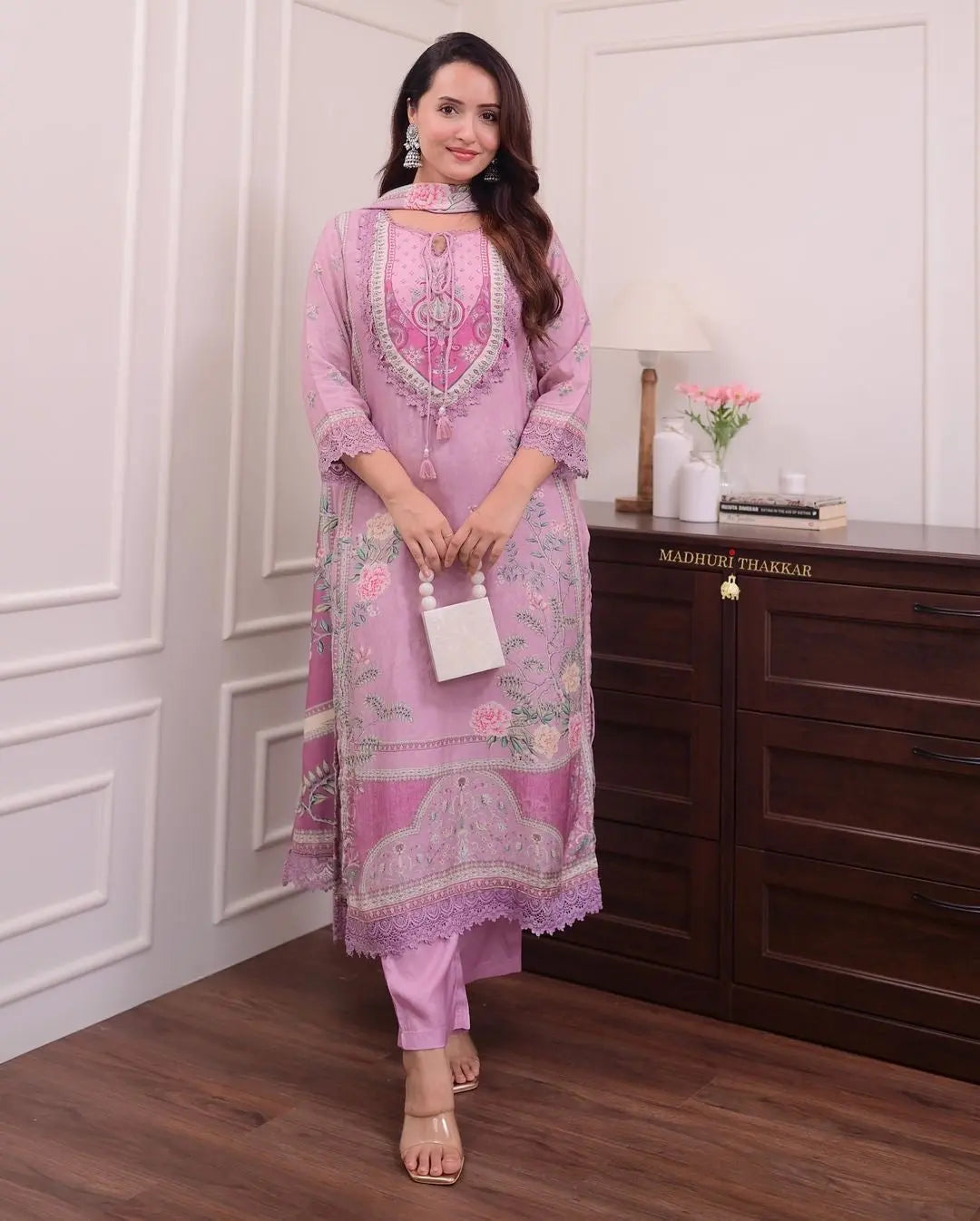 Lilac Muslin Floral Digital Printed Pakistani Kurti Pant Dupatta Set