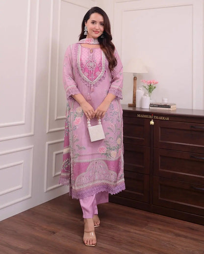 Lilac Muslin Floral Digital Printed Pakistani Kurti Pant Dupatta Set