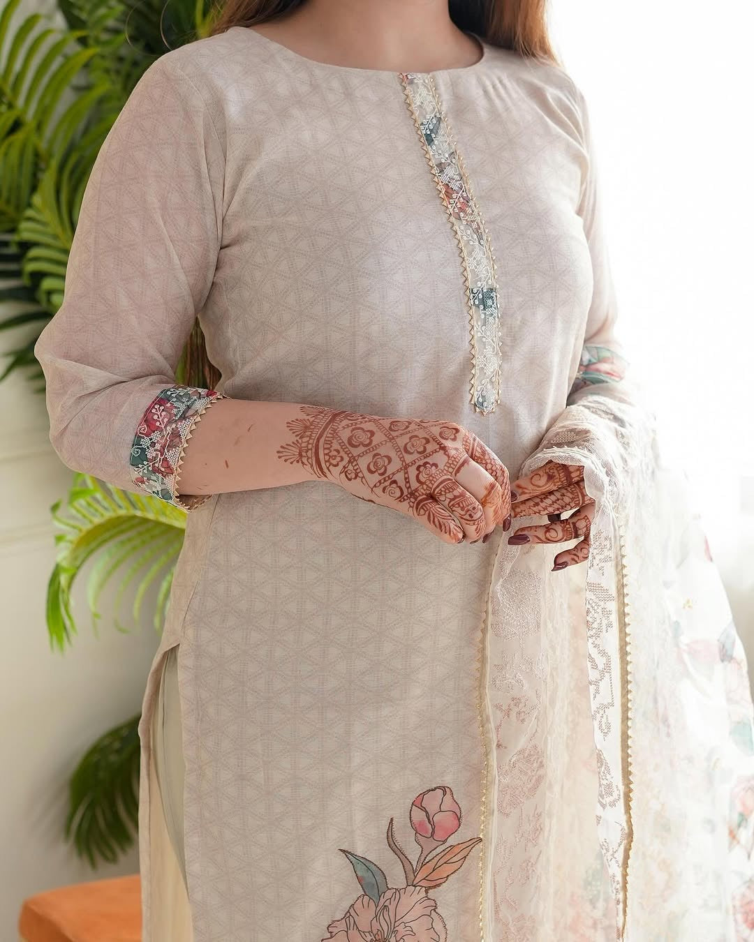 Linen Cotton Digital Floral Print work White Summer Wear Kurti Pant Dupatta Set (Stitched)