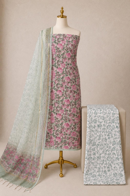 Kota Doria Authentic Hand Block Print Unstitched 3Pc Dress Material